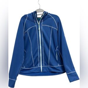 Eddy Bauer White Stitch Detail Long Sleeve Zip Up Blue Hoodie with Thumb Holes